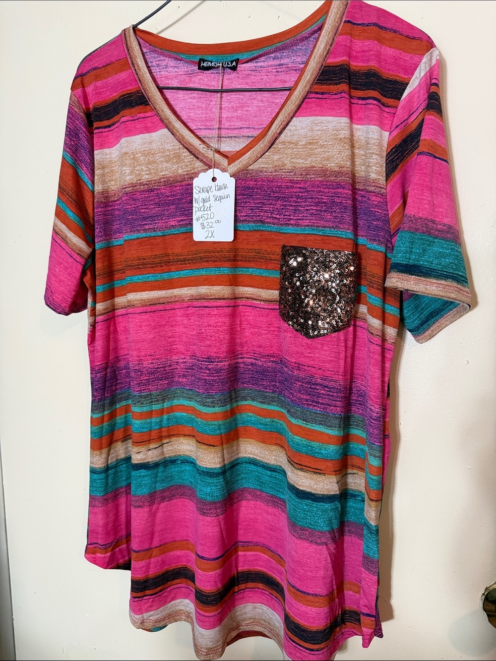 HEIMISH USA Multicolor Striped V-Neck Tee with Sequin Pocket